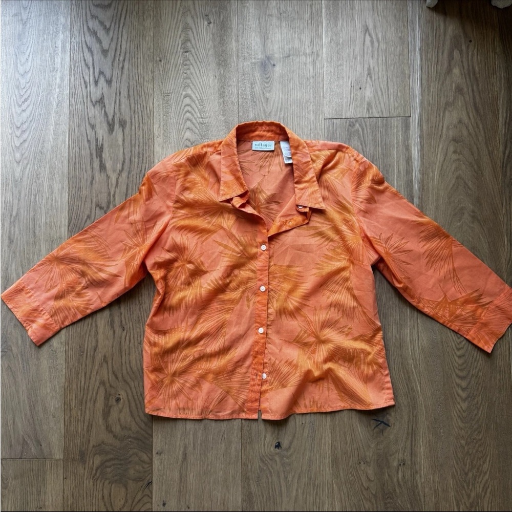 Villager by Liz Claiborne Y2K Vintage Semi-Sheer Blouse Size 14 XL Bright Orange